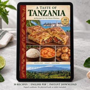 Digital cookbook mockup displaying the actual A Taste of Tanzania cover. English PDF download only; no tablet or physical book included.