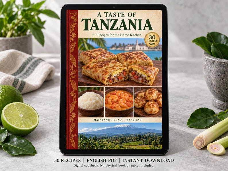 Digital cookbook mockup displaying the actual A Taste of Tanzania cover. English PDF download only; no tablet or physical book included.