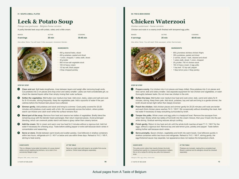 Two actual recipe pages from A Taste of Belgium.