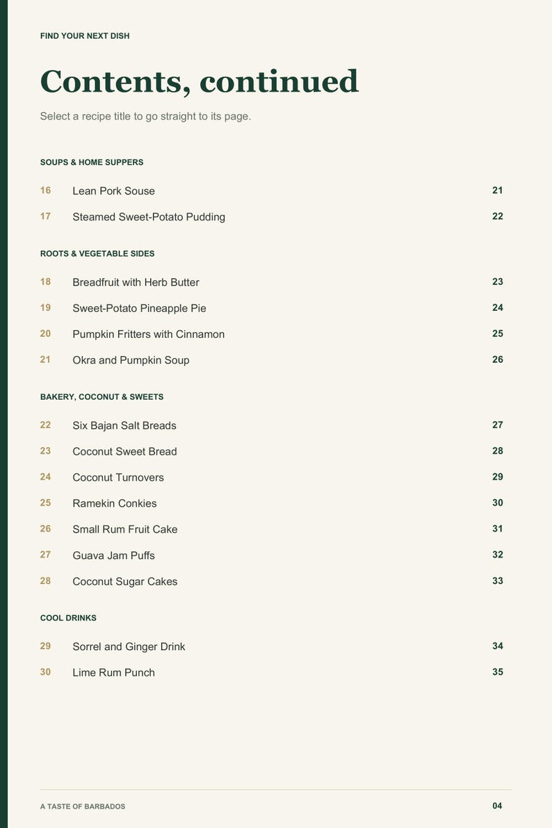 Actual PDF page 4 from A Taste of Barbados: Contents, page 2.
