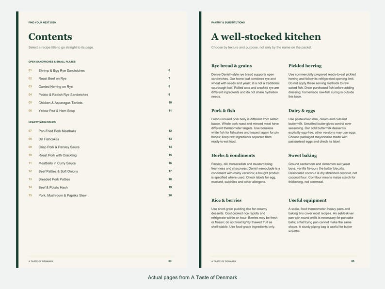 Actual contents and kitchen-notes pages from A Taste of Denmark.