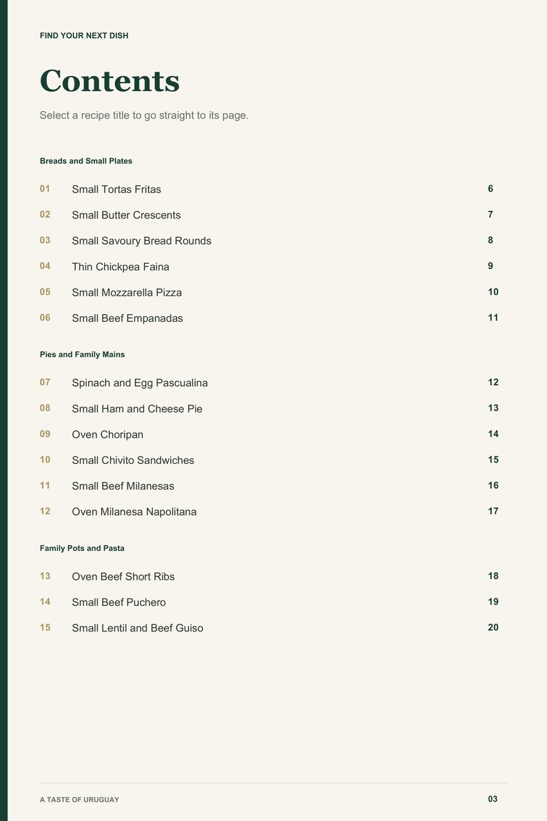 Actual PDF page 3 from A Taste of Uruguay: Contents, page 1.