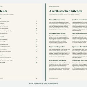 Actual contents and kitchen-notes pages from A Taste of Madagascar.