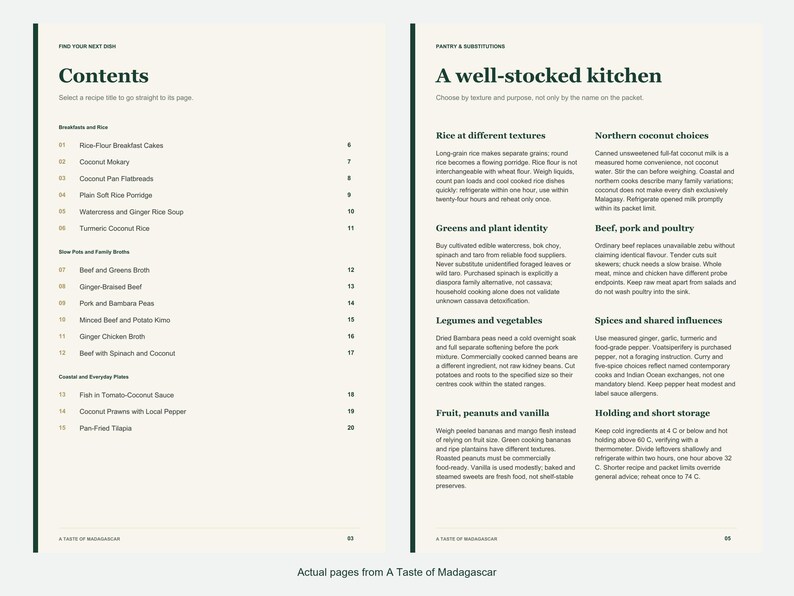 Actual contents and kitchen-notes pages from A Taste of Madagascar.
