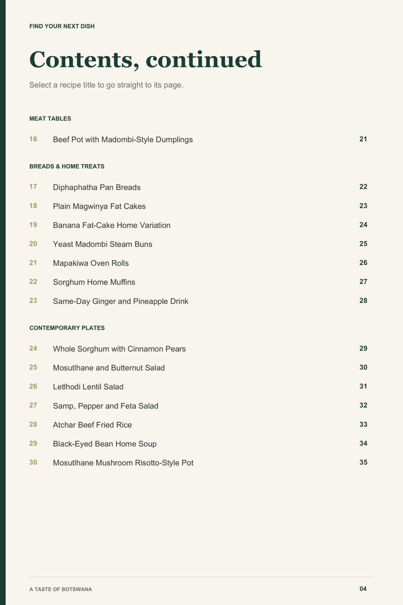 Actual PDF page 4 from A Taste of Botswana: Contents, page 2.