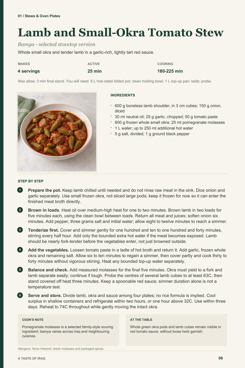 Actual PDF page 6 from A Taste of Iraq: Lamb and Small-Okra Tomato Stew recipe page.