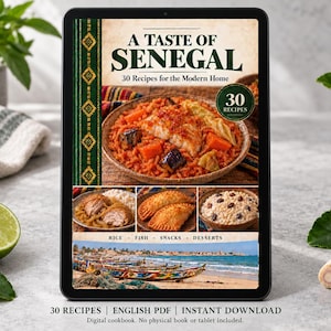 Digital cookbook mockup displaying the actual A Taste of Senegal cover. English PDF download only; no tablet or physical book included.
