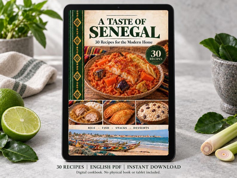 Digital cookbook mockup displaying the actual A Taste of Senegal cover. English PDF download only; no tablet or physical book included.