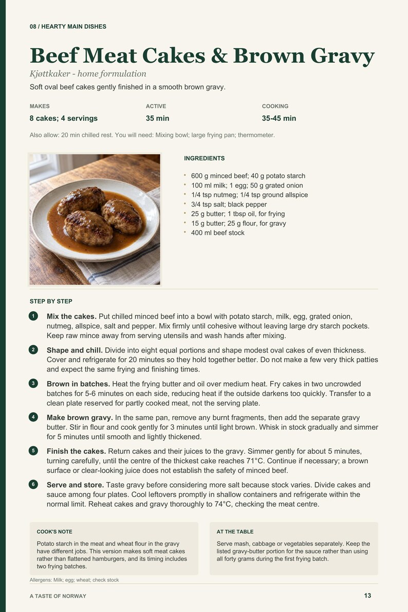 Actual PDF page 13 from A Taste of Norway: Beef Meat Cakes & Brown Gravy recipe page.