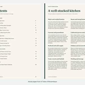 Actual contents and kitchen-notes pages from A Taste of Mozambique.