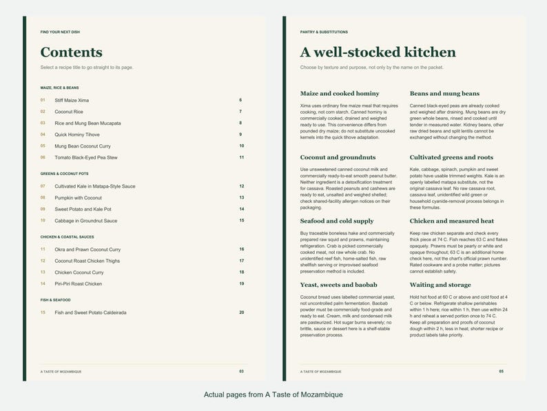 Actual contents and kitchen-notes pages from A Taste of Mozambique.