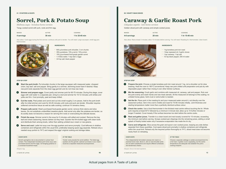 Two actual recipe pages from A Taste of Latvia.