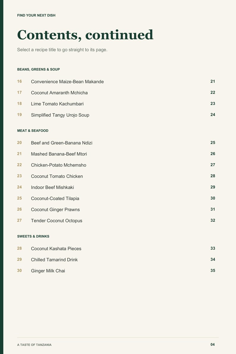 Actual PDF page 4 from A Taste of Tanzania: Contents, page 2.