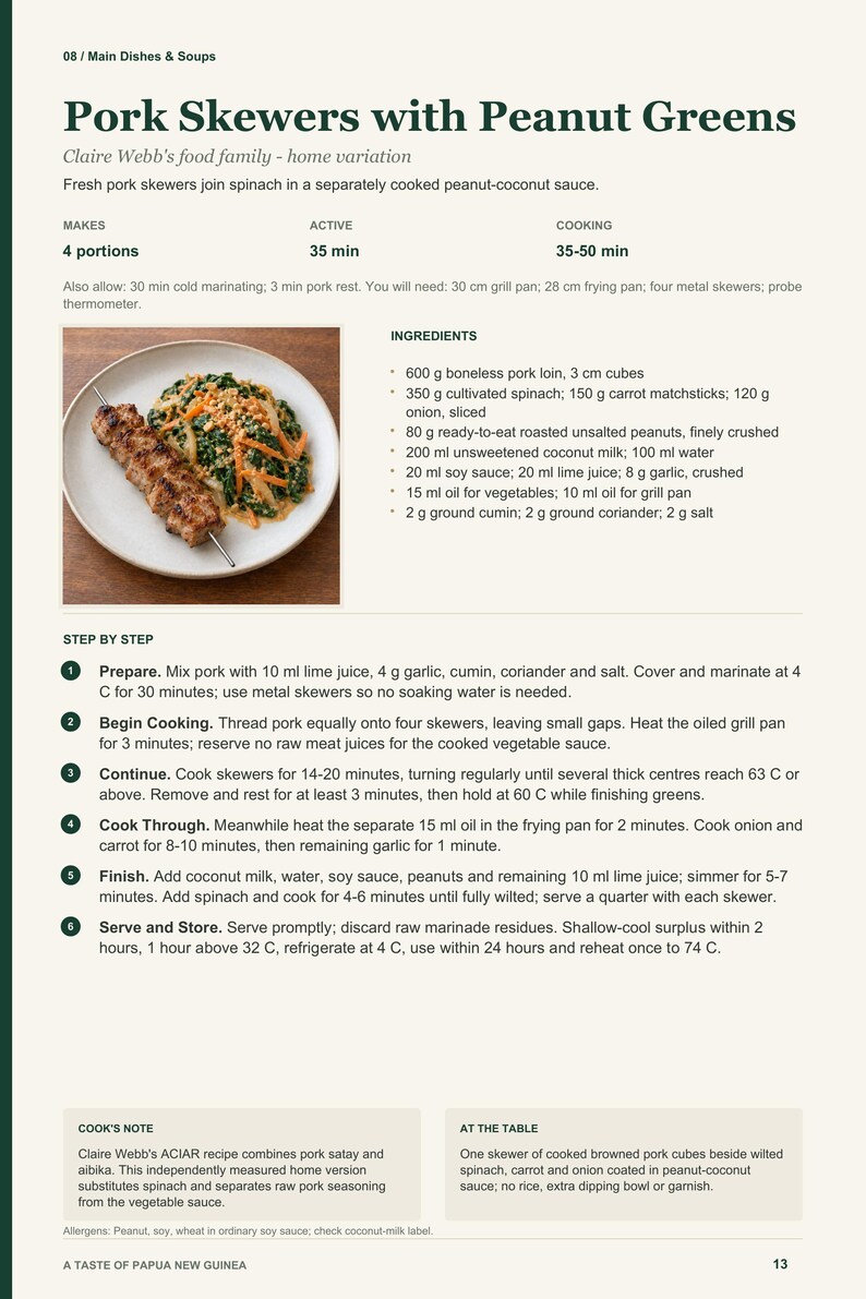 Actual PDF page 13 from A Taste of Papua New Guinea: Pork Skewers with Peanut Greens recipe page.