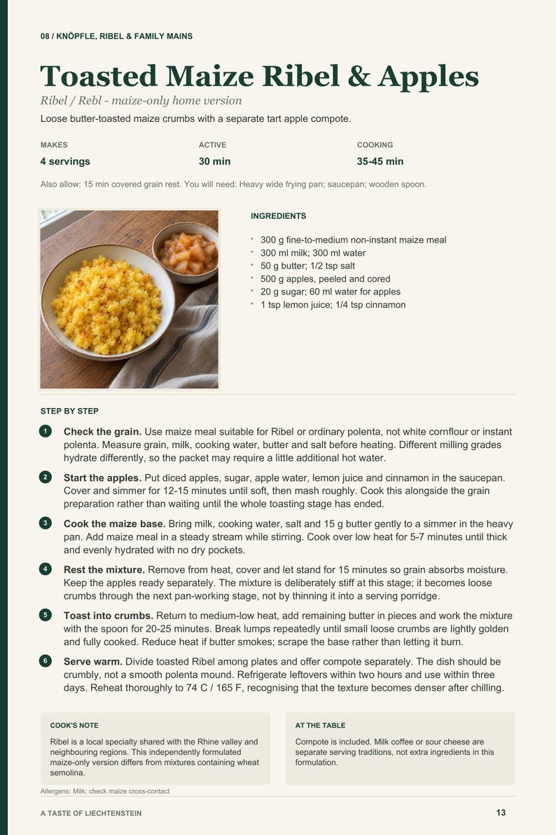Actual PDF page 13 from A Taste of Liechtenstein: Toasted Maize Ribel & Apples recipe page.