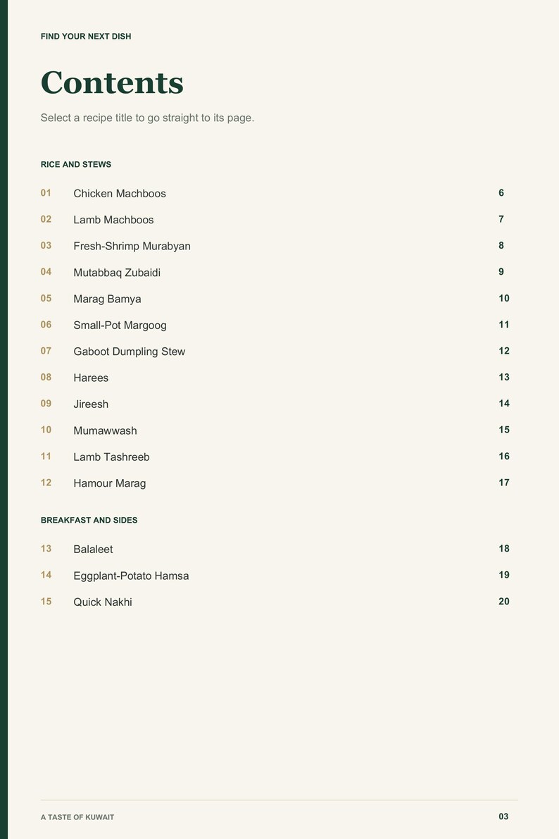 Actual PDF page 3 from A Taste of Kuwait: Contents, page 1.