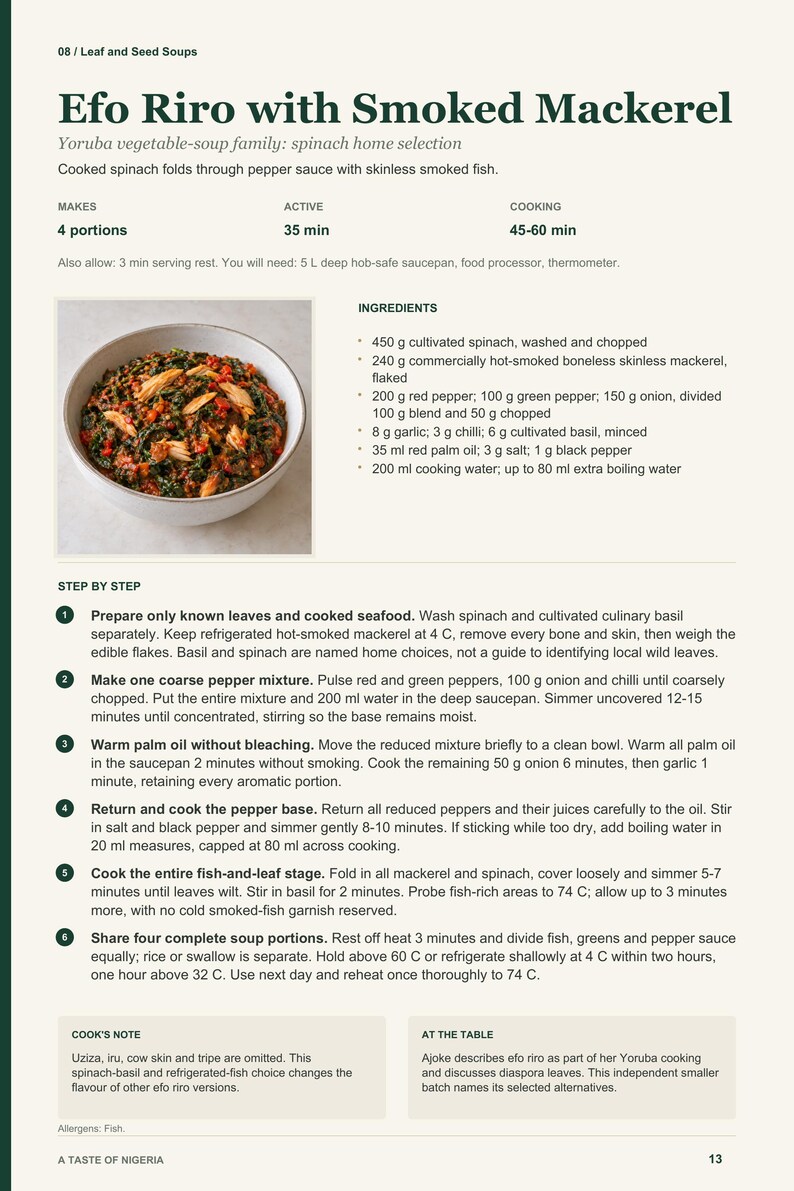 Actual PDF page 13 from A Taste of Nigeria: Efo Riro with Smoked Mackerel recipe page.