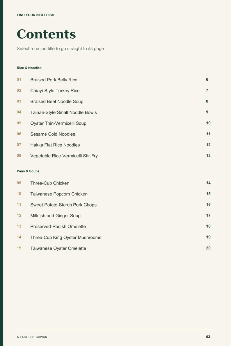 Actual PDF page 3 from A Taste of Taiwan: Contents, page 1.