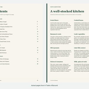 Actual contents and kitchen-notes pages from A Taste of Burundi.