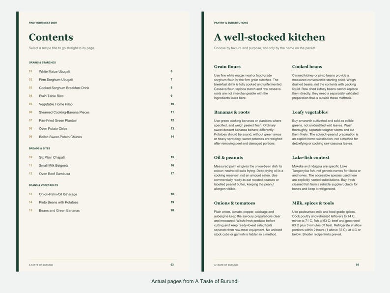 Actual contents and kitchen-notes pages from A Taste of Burundi.