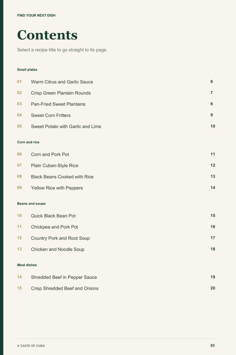 Actual PDF page 3 from A Taste of Cuba: Contents, page 1.