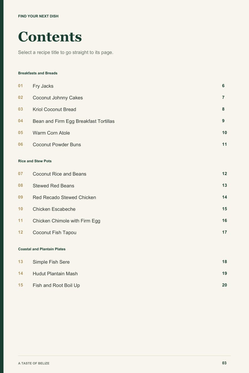 Actual PDF page 3 from A Taste of Belize: Contents, page 1.