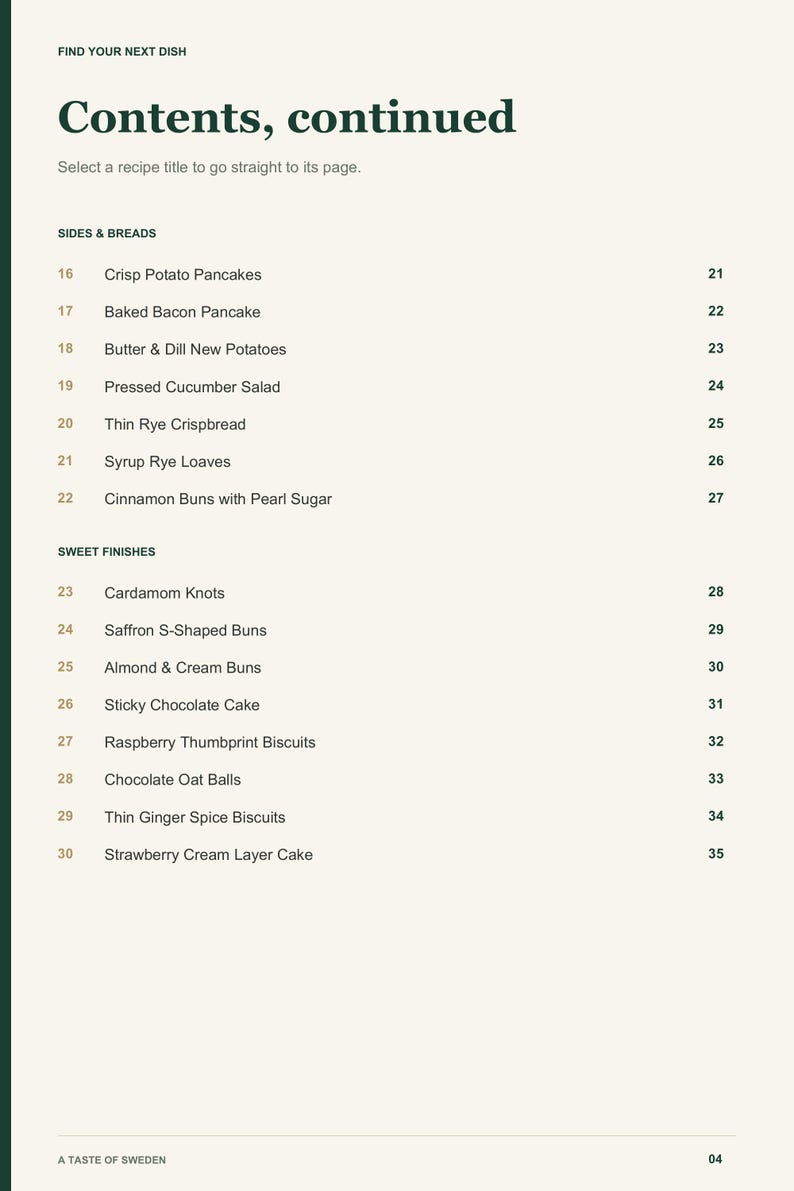 Actual PDF page 4 from A Taste of Sweden: Contents, page 2.