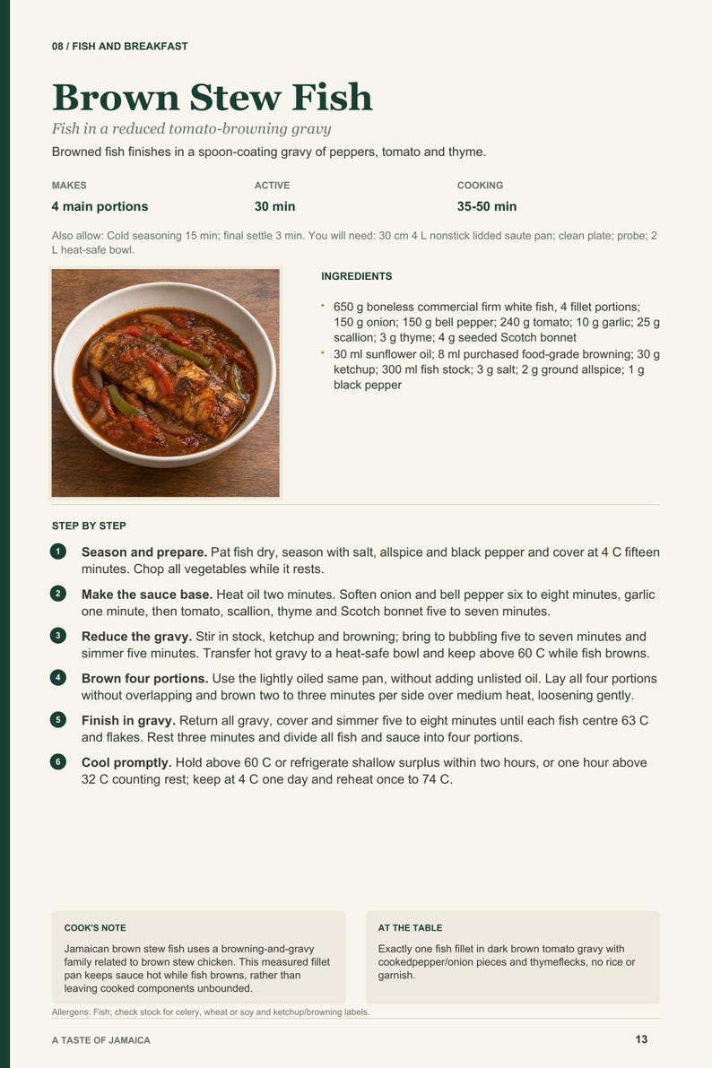 Actual PDF page 13 from A Taste of Jamaica: Brown Stew Fish recipe page.
