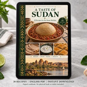 Digital cookbook mockup displaying the actual A Taste of Sudan cover. English PDF download only; no tablet or physical book included.