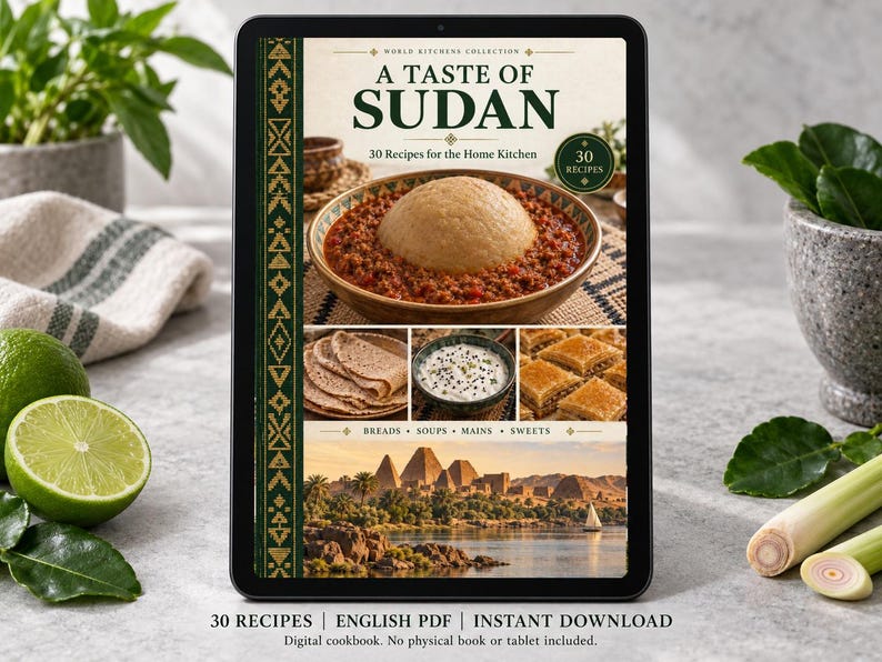 Digital cookbook mockup displaying the actual A Taste of Sudan cover. English PDF download only; no tablet or physical book included.
