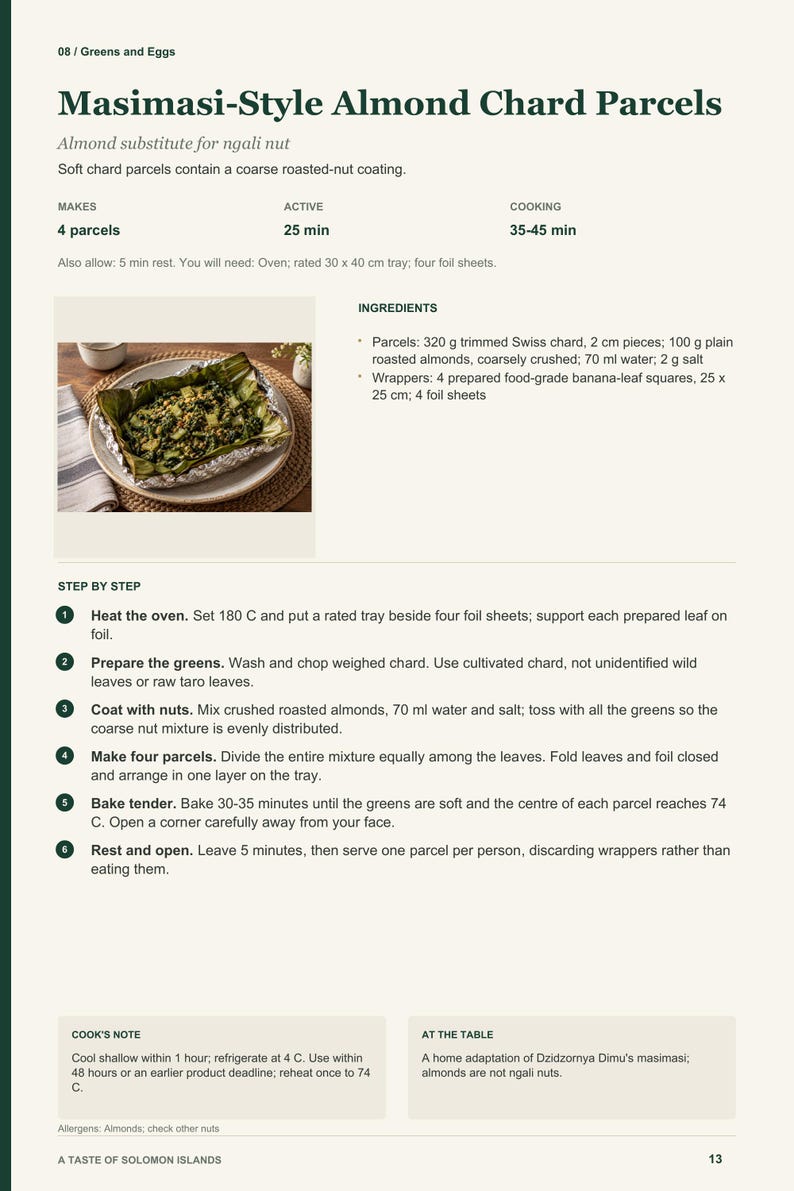 Actual PDF page 13 from A Taste of Solomon Islands: Masimasi-Style Almond Chard Parcels recipe page.