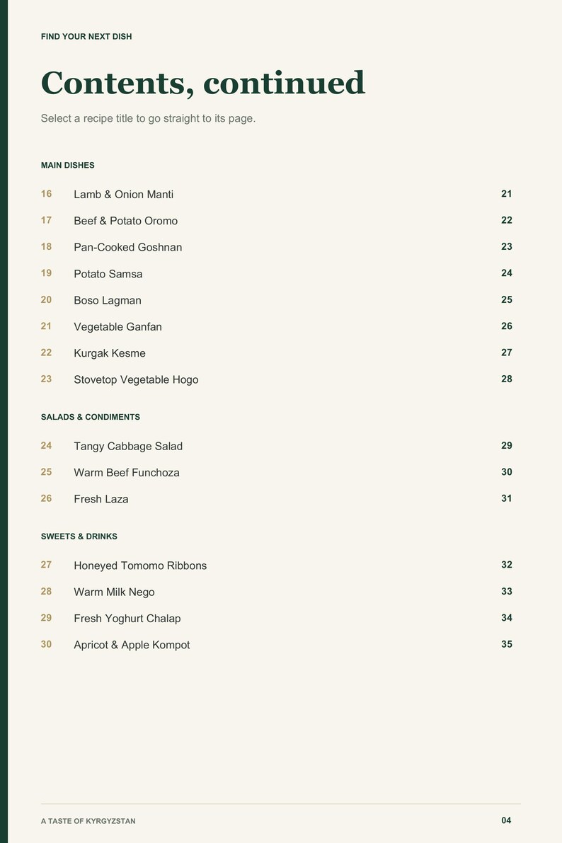 Actual PDF page 4 from A Taste of Kyrgyzstan: Contents, page 2.
