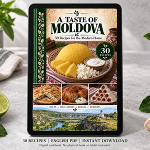 Digital cookbook mockup displaying the actual A Taste of Moldova cover. English PDF download only; no tablet or physical book included.