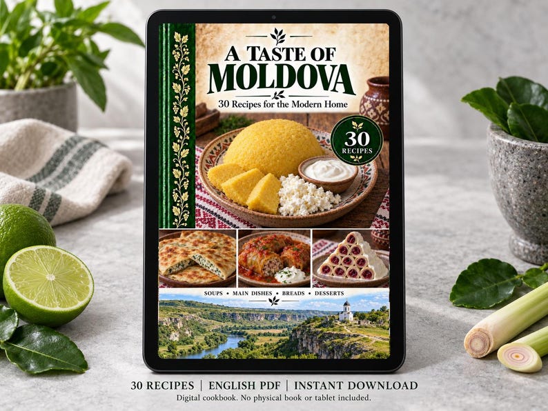 Digital cookbook mockup displaying the actual A Taste of Moldova cover. English PDF download only; no tablet or physical book included.