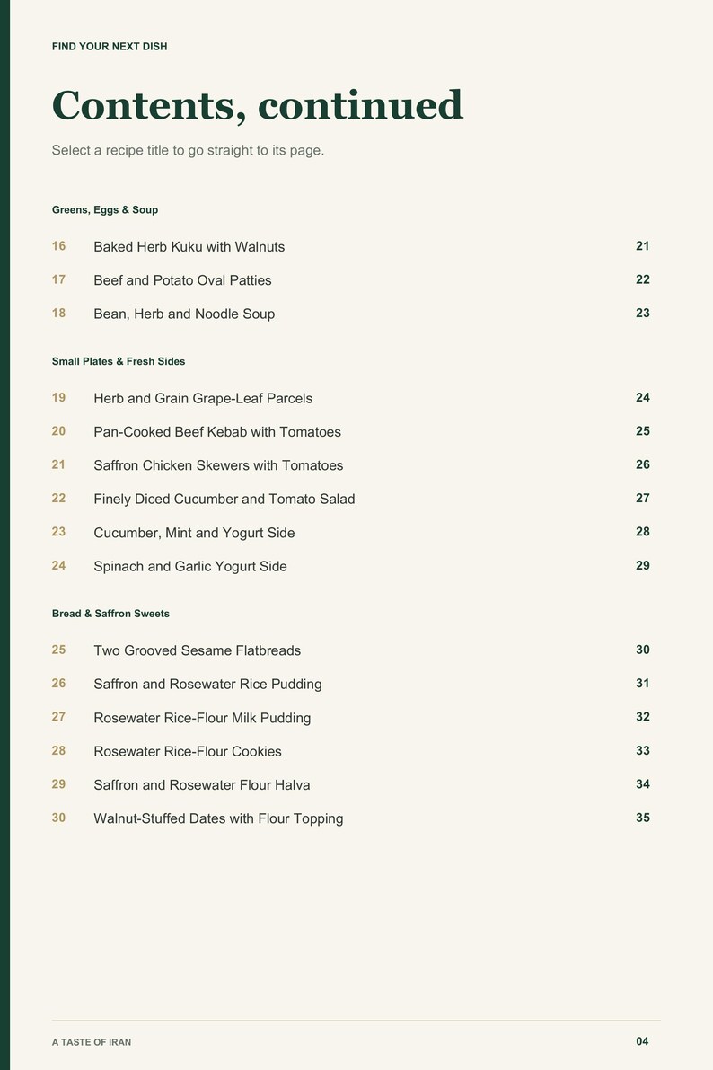 Actual PDF page 4 from A Taste of Iran: Contents, page 2.