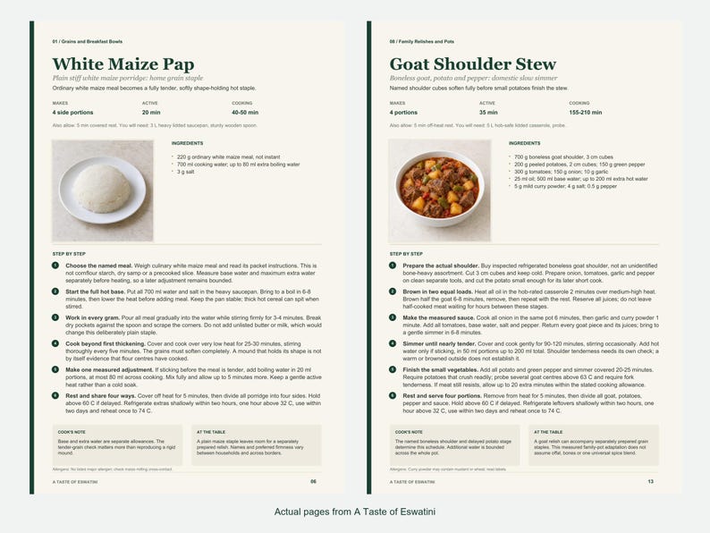 Two actual recipe pages from A Taste of Eswatini.