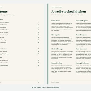 Actual contents and kitchen-notes pages from A Taste of Somalia.