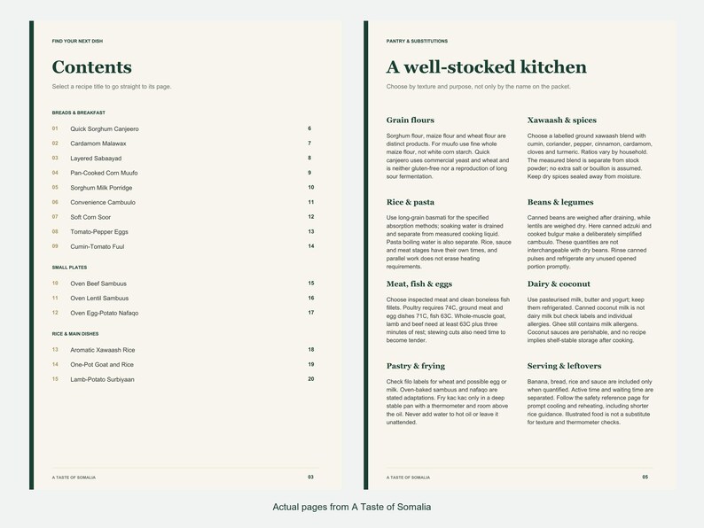 Actual contents and kitchen-notes pages from A Taste of Somalia.
