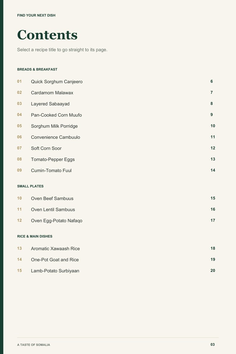 Actual PDF page 3 from A Taste of Somalia: Contents, page 1.