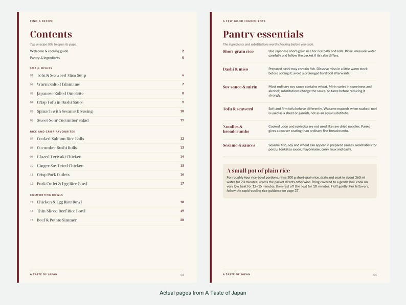Actual contents and kitchen-notes pages from A Taste of Japan.