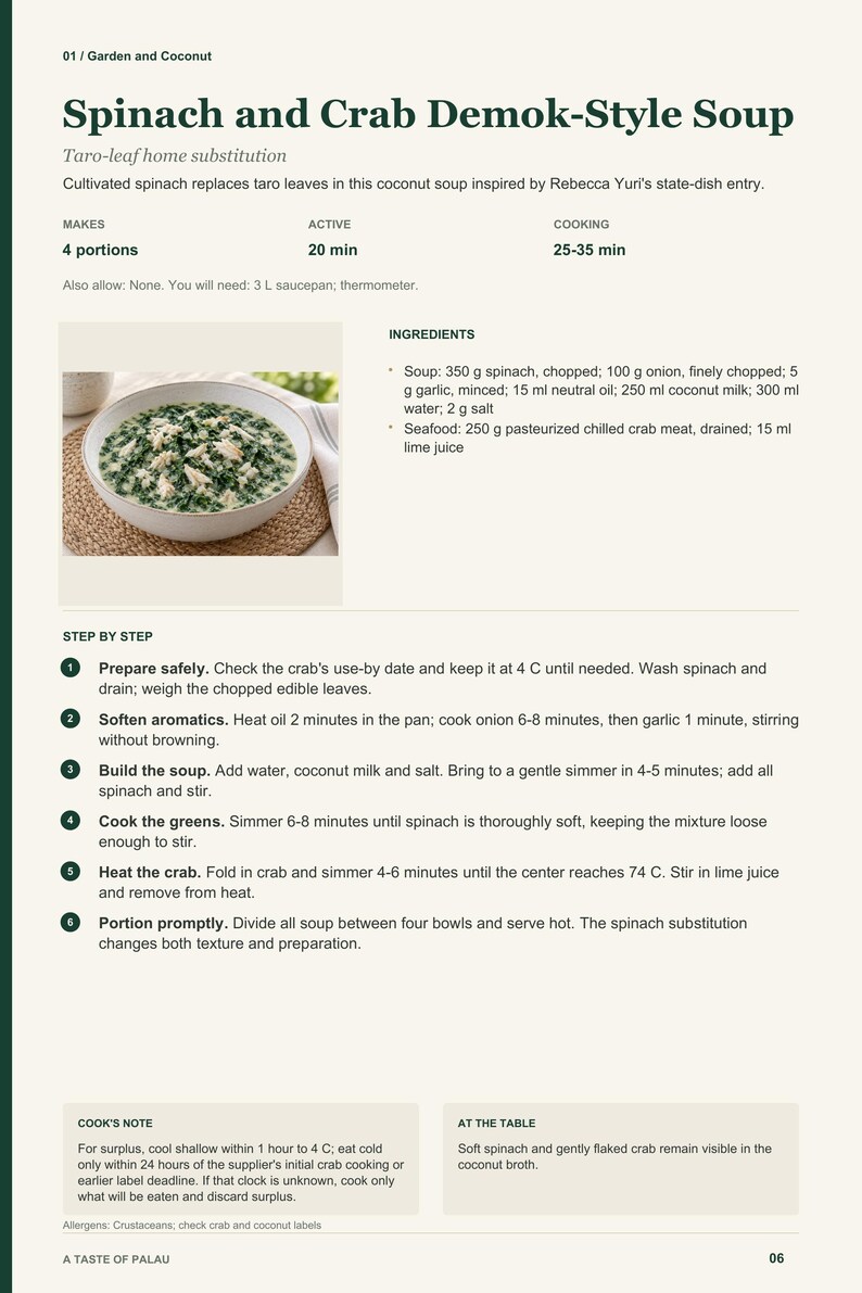 Actual PDF page 6 from A Taste of Palau: Spinach and Crab Demok-Style Soup recipe page.