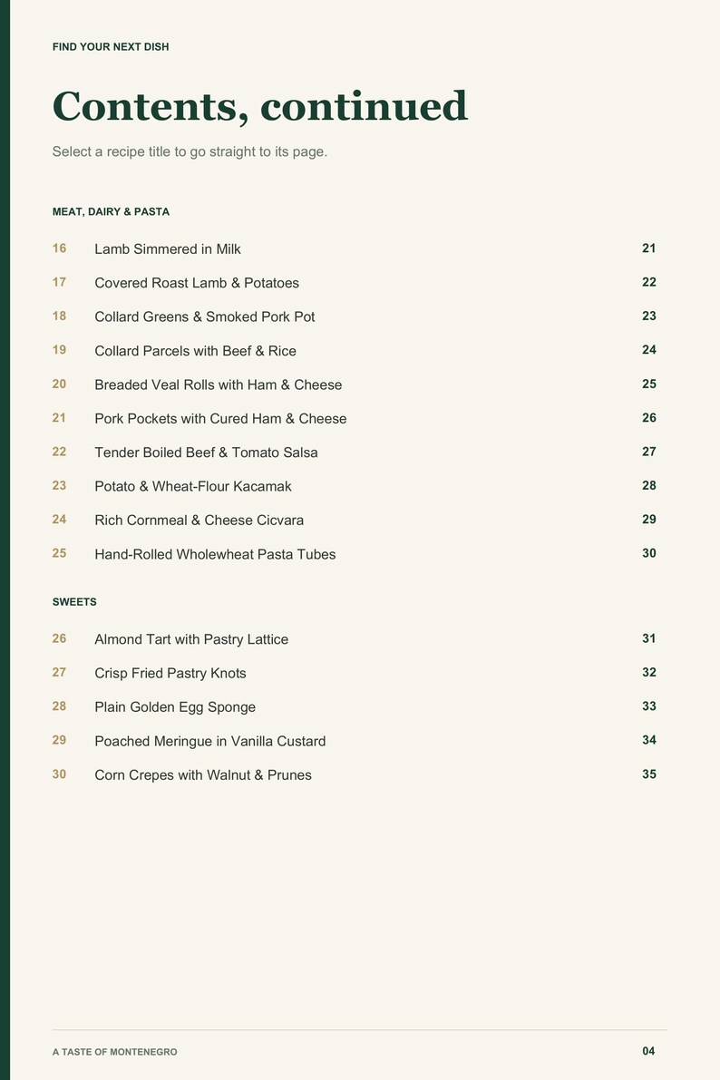 Actual PDF page 4 from A Taste of Montenegro: Contents, page 2.