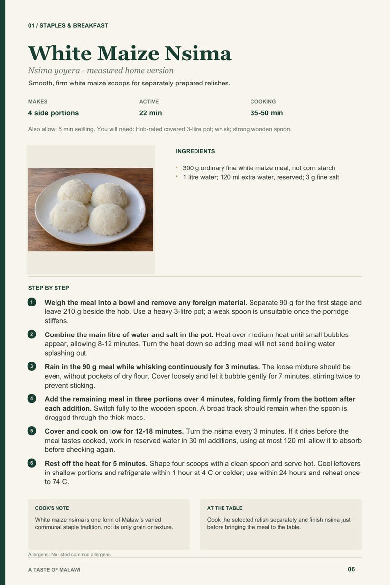 Actual PDF page 6 from A Taste of Malawi: White Maize Nsima recipe page.
