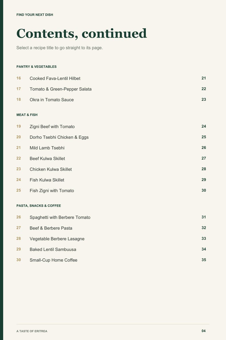 Actual PDF page 4 from A Taste of Eritrea: Contents, page 2.