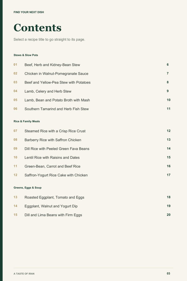 Actual PDF page 3 from A Taste of Iran: Contents, page 1.