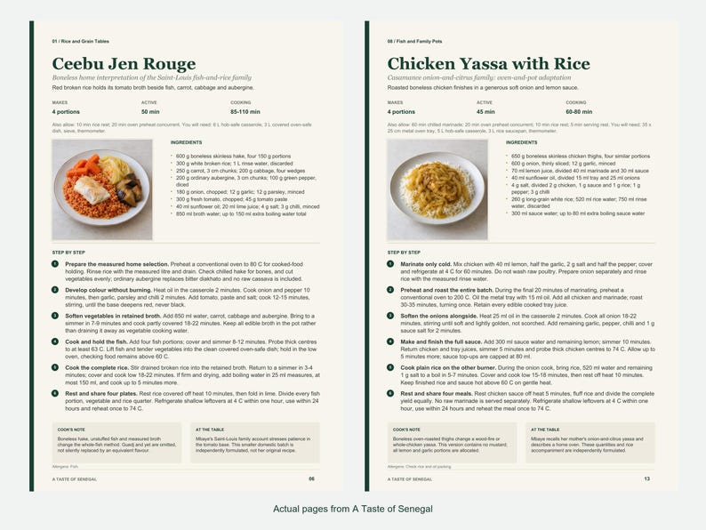 Two actual recipe pages from A Taste of Senegal.