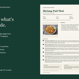 An actual Shrimp Pad Thai recipe page showing ingredient quantities and six-step cooking instructions.