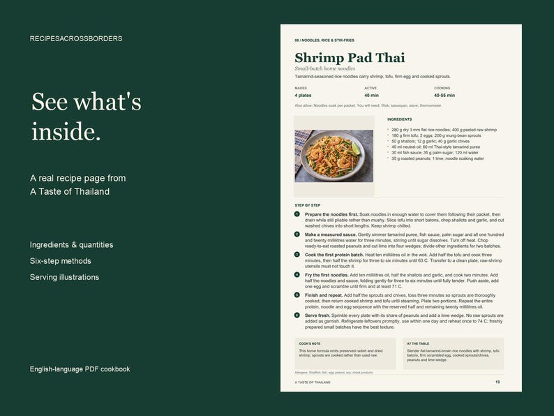 An actual Shrimp Pad Thai recipe page showing ingredient quantities and six-step cooking instructions.