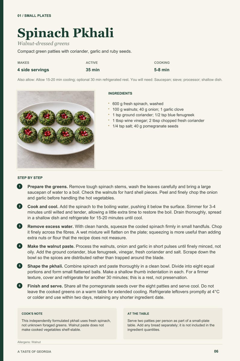 Actual PDF page 6 from A Taste of Georgia: Spinach Pkhali recipe page.