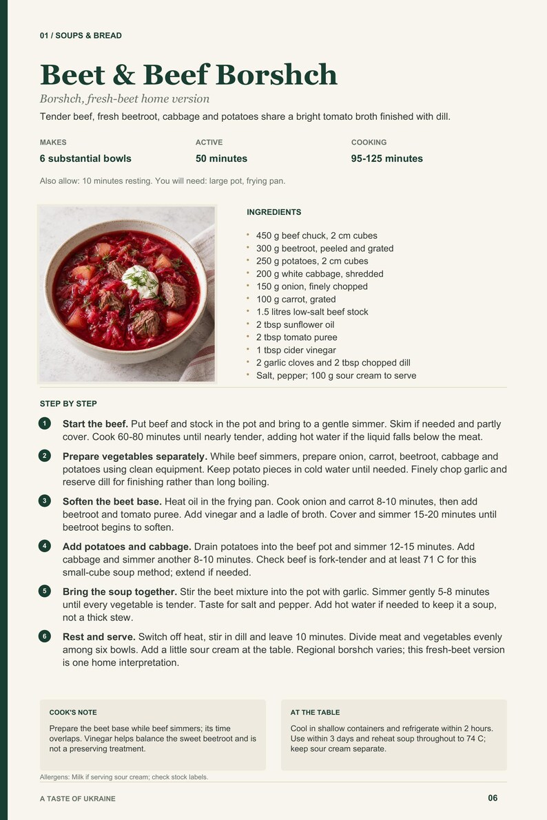 Actual PDF page 6 from A Taste of Ukraine: Beet & Beef Borshch recipe page.